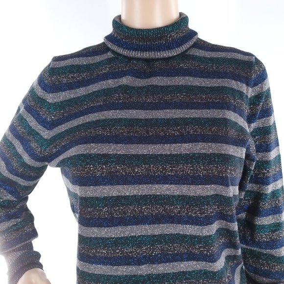 Worthington Women Sweater Turtleneck Striped Metallic Blue Lurex Size L - NWT - Picture 3 of 8